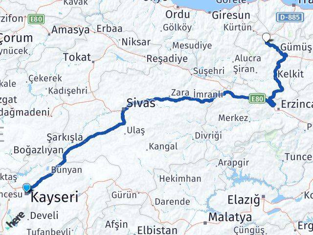 Kayseri Torul Gümüşhane Arası Kaç Km - Yol Haritası