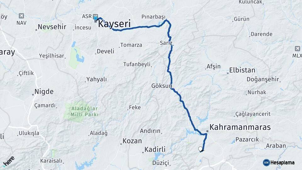 Kayseri Türkoğlu Kahramanmaraş Arası Kaç Km - Yol Haritası