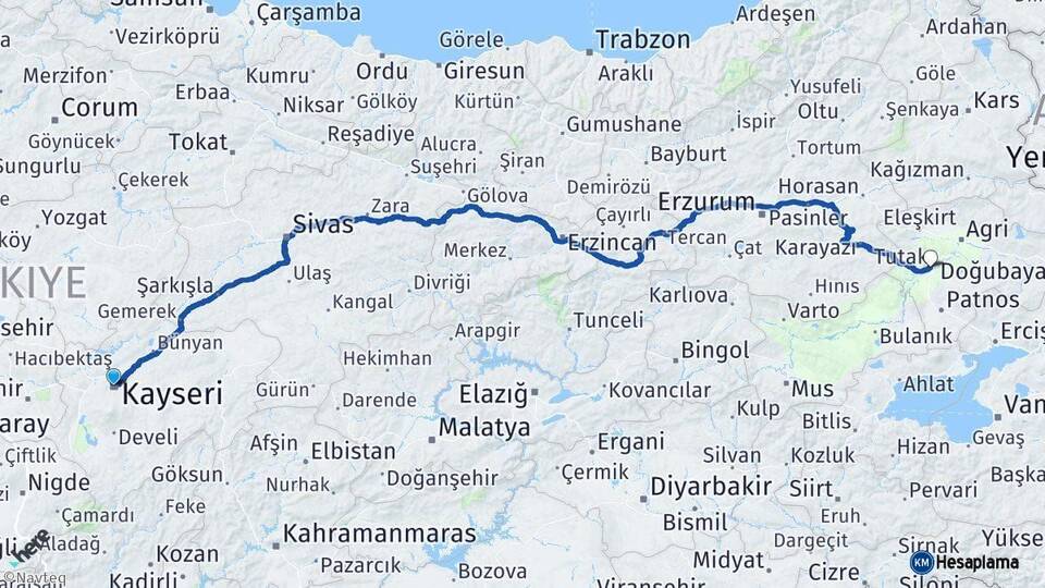 Kayseri Tutak Ağrı Arası Kaç Km - Yol Haritası