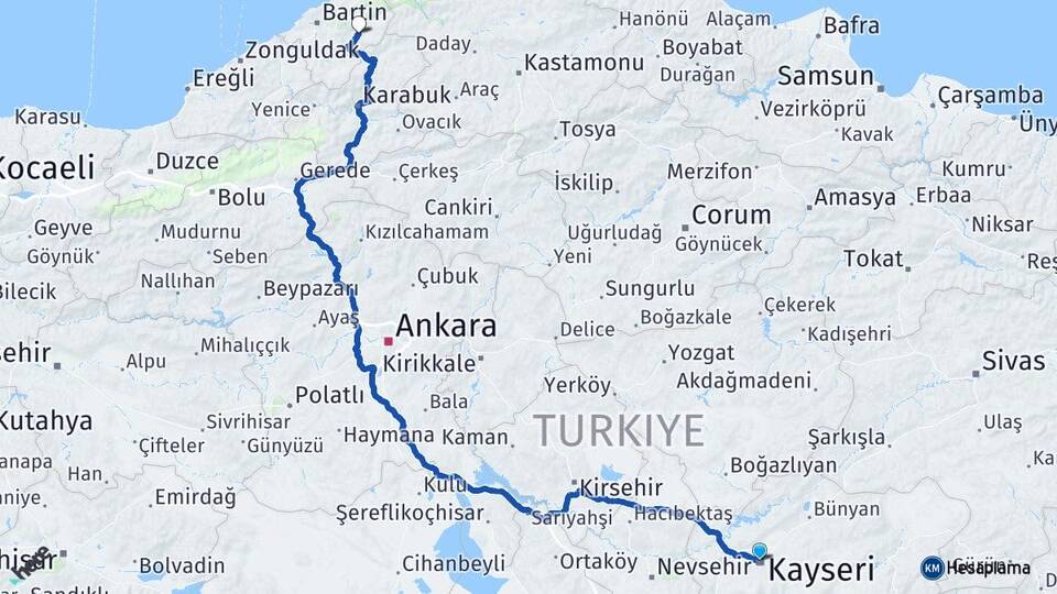 Kayseri Ulus Bartın Arası Kaç Km - Yol Haritası