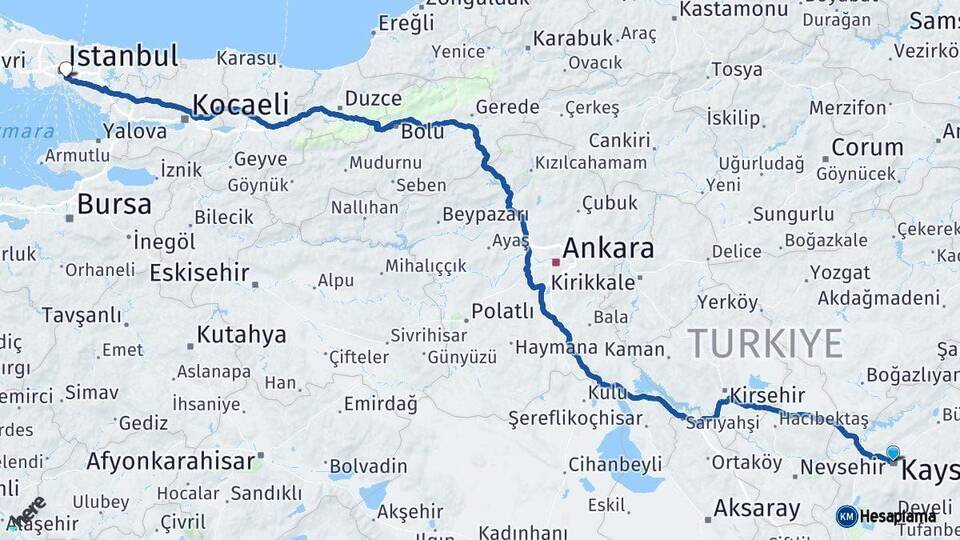 Kayseri Üsküdar İstanbul Arası Kaç Km - Yol Haritası