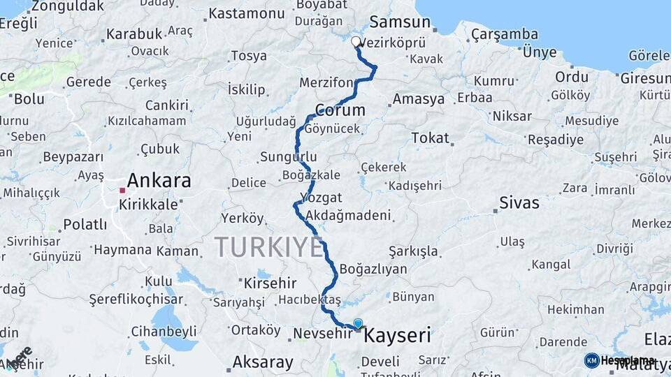 Kayseri Vezirköprü Samsun Arası Kaç Km - Yol Haritası