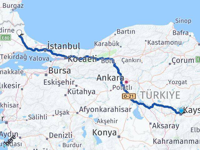 Kayseri Vize Kırklareli Arası Kaç Km - Yol Haritası