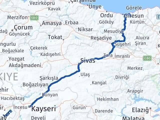 Kayseri Yağlıdere Giresun Arası Kaç Km - Yol Haritası