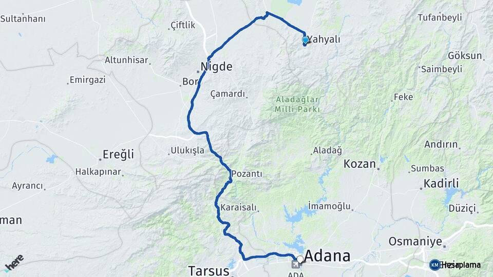 Kayseri Yahyalı Adana Arası Kaç Km - Yol Haritası