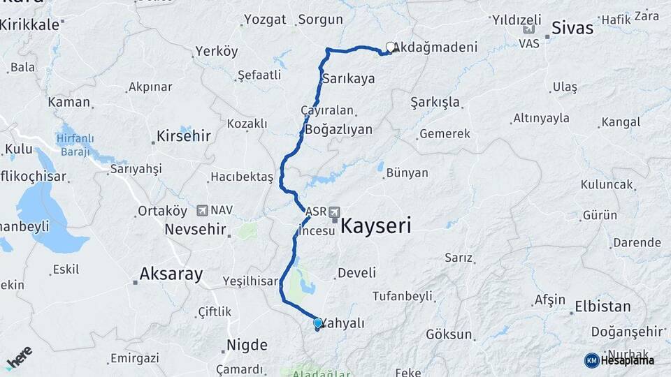 Kayseri Yahyalı Akdağmadeni Yozgat Arası Kaç Km - Yol Haritası
