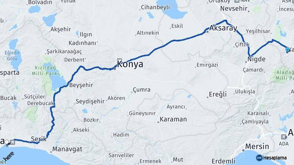 Kayseri Yahyalı Antalya Arası Kaç Km - Yol Haritası