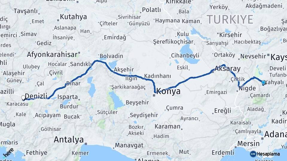 Kayseri Yahyalı Denizli Arası Kaç Km - Yol Haritası