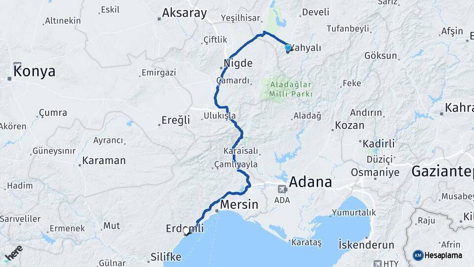 Kayseri Yahyalı Erdemli Mersin Arası Kaç Km - Yol Haritası