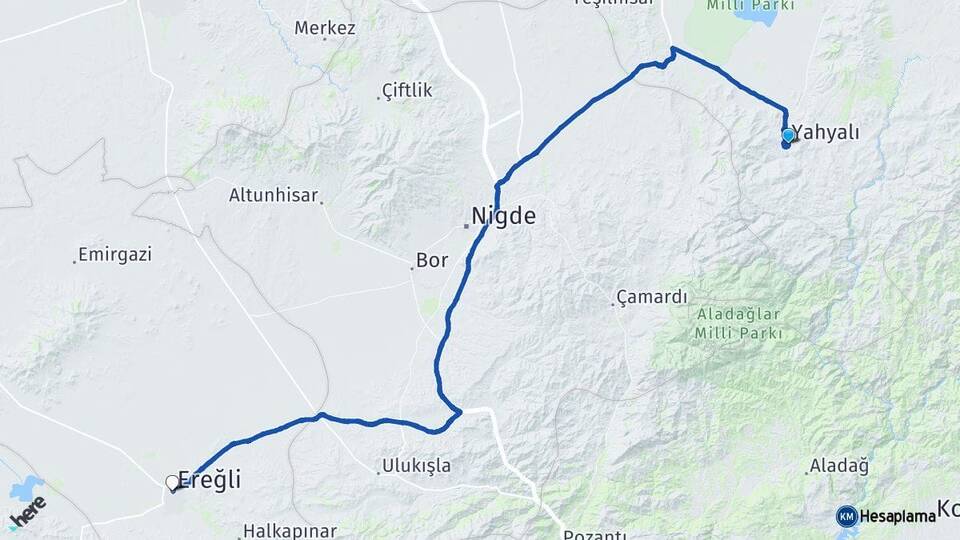 Kayseri Yahyalı Ereğli Konya Arası Kaç Km - Yol Haritası