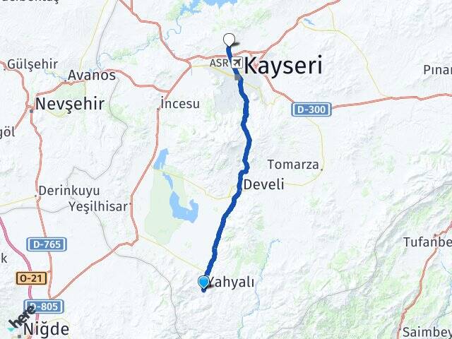 Kayseri Yahyalı Erkilet Kocasinan Arası Kaç Km - Yol Haritası