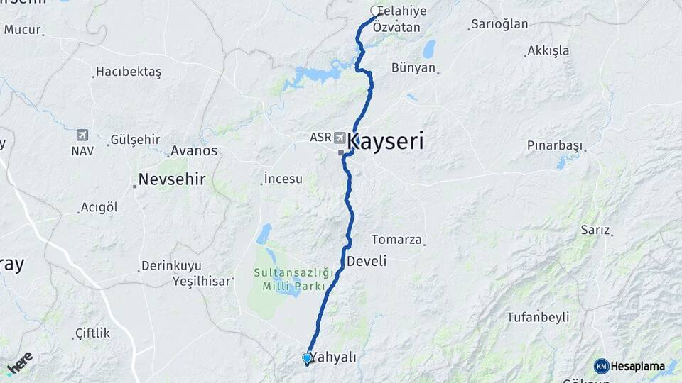 Kayseri Yahyalı Felahiye Arası Kaç Km - Yol Haritası