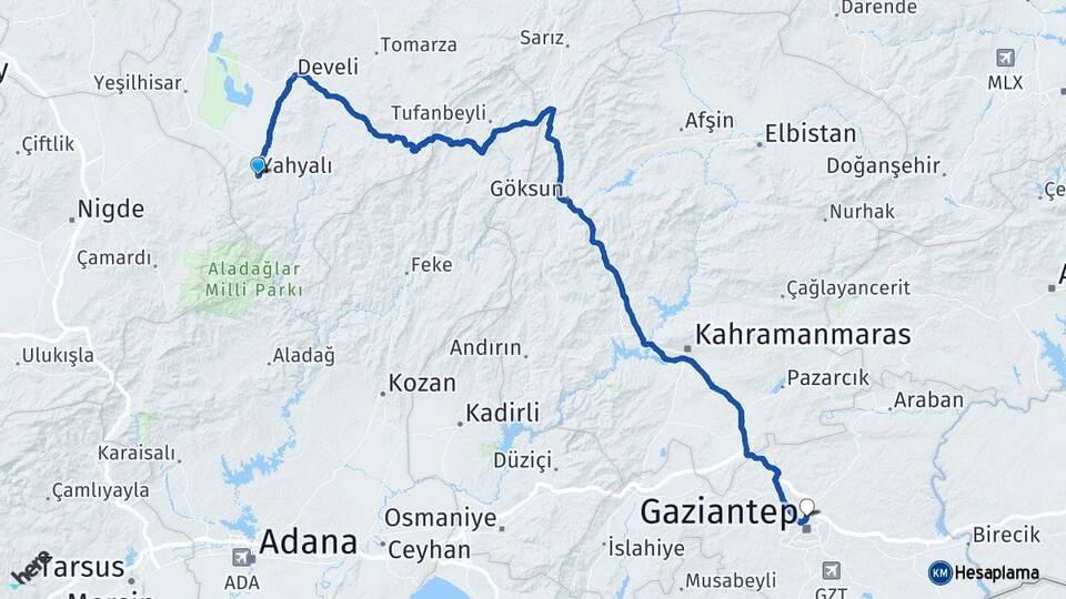 Kayseri Yahyalı Gaziantep Arası Kaç Km - Yol Haritası