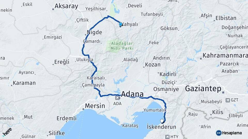 Kayseri Yahyalı İskenderun Hatay Arası Kaç Km - Yol Haritası