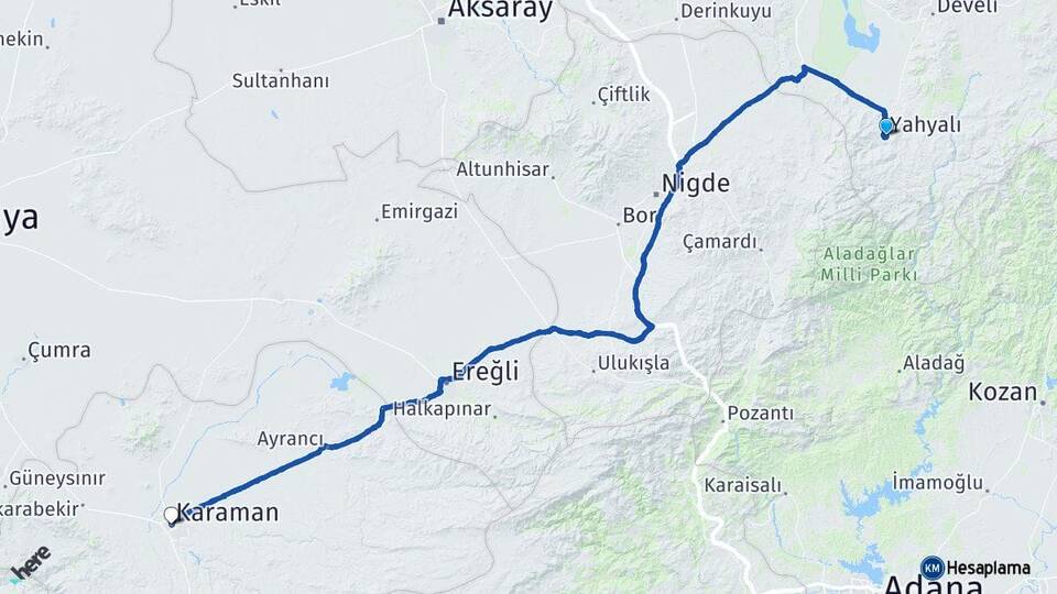Kayseri Yahyalı Karaman Arası Kaç Km - Yol Haritası