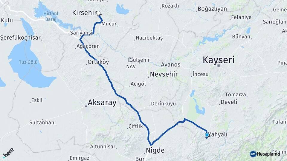 Kayseri Yahyalı Kırşehir Arası Kaç Km - Yol Haritası