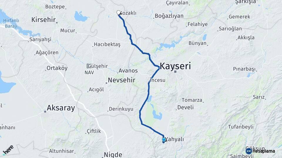 Kayseri Yahyalı Kozaklı Nevşehir Arası Kaç Km - Yol Haritası