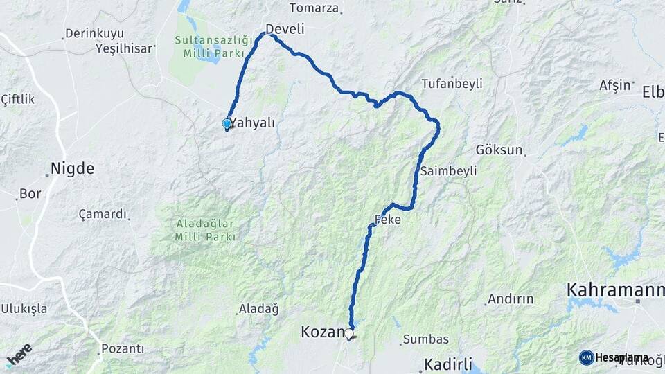 Kayseri Yahyalı Kozan Adana Arası Kaç Km - Yol Haritası