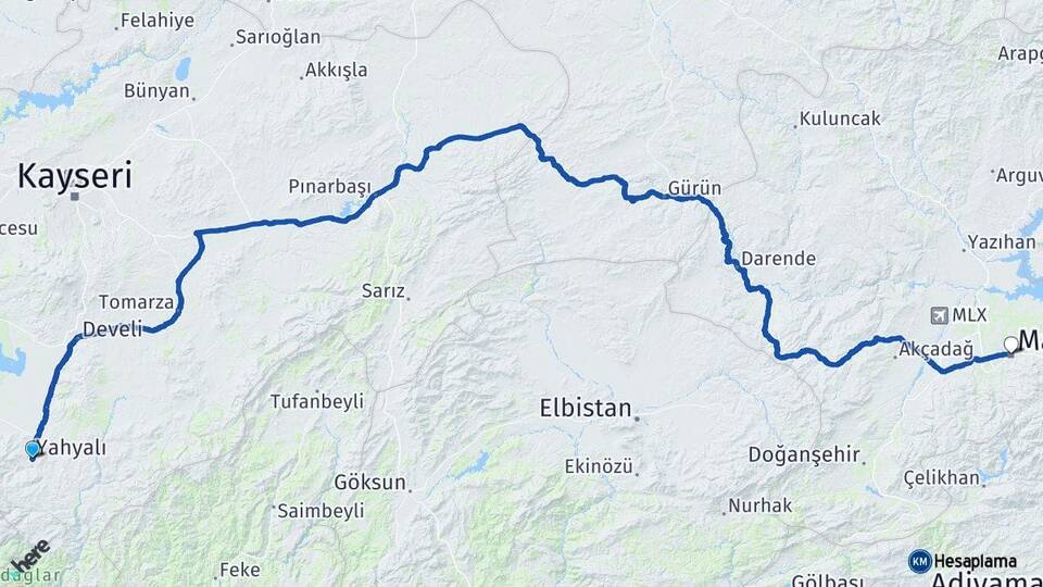 Kayseri Yahyalı Malatya Arası Kaç Km - Yol Haritası