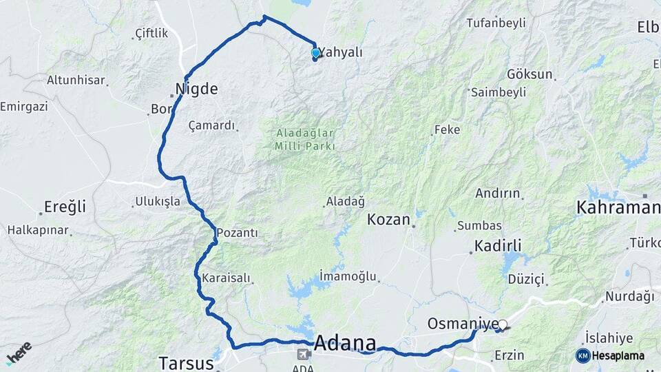 Kayseri Yahyalı Osmaniye Arası Kaç Km - Yol Haritası