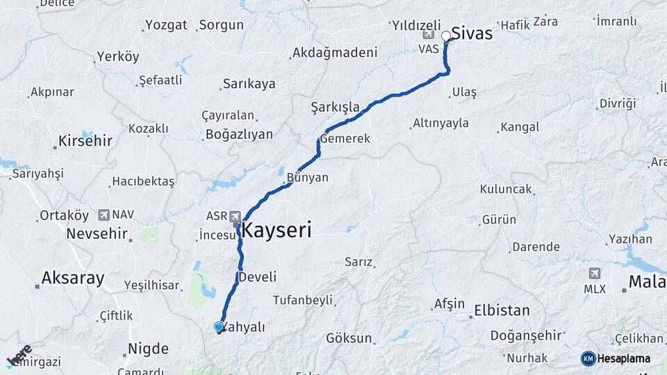 Kayseri Yahyalı Sivas Arası Kaç Km - Yol Haritası