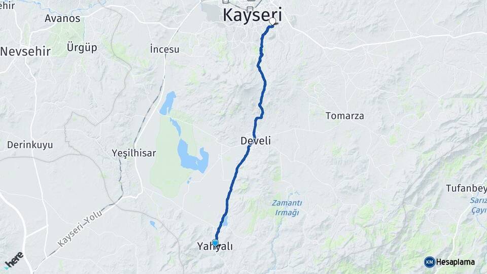 Kayseri Yahyalı Talas Arası Kaç Km - Yol Haritası