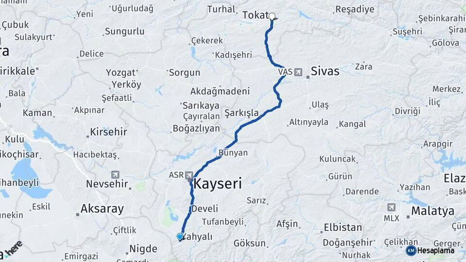 Kayseri Yahyalı Tokat Arası Kaç Km - Yol Haritası