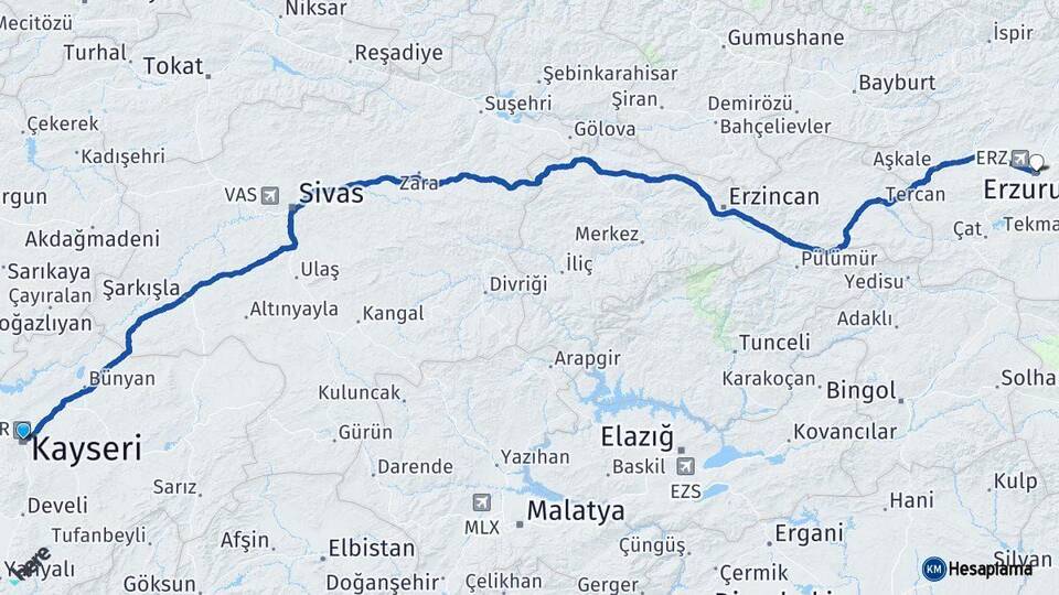 Kayseri Yakutiye Erzurum Arası Kaç Km - Yol Haritası