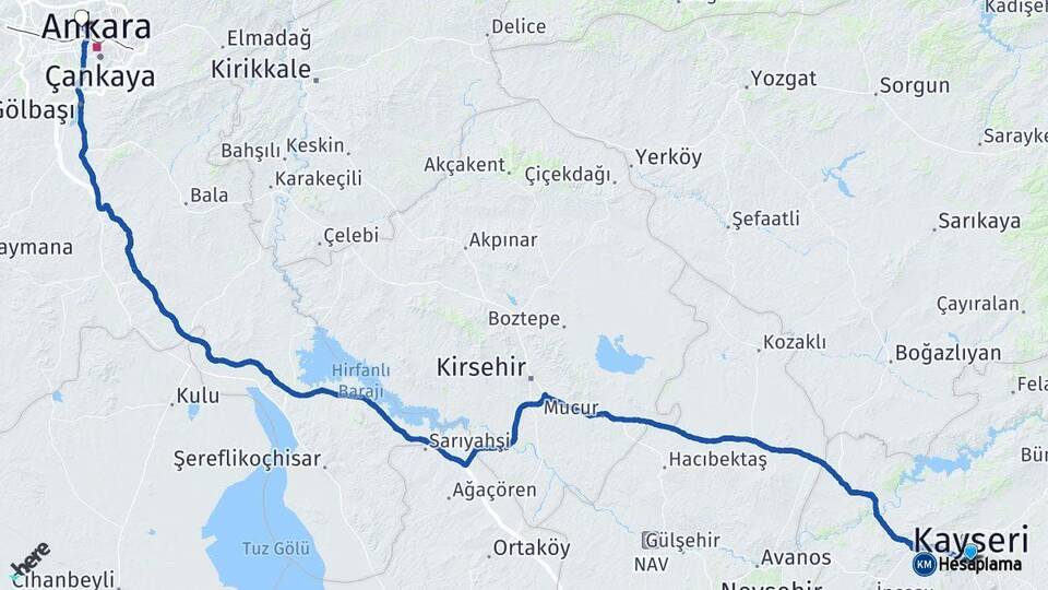 Kayseri Yenimahalle Ankara Arası Kaç Km - Yol Haritası