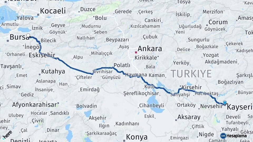 Kayseri Yenişehir Bursa Arası Kaç Km - Yol Haritası