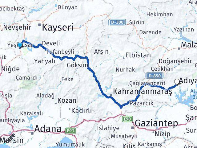 Kayseri Yeşilhisar Adıyaman Arası Kaç Km - Yol Haritası