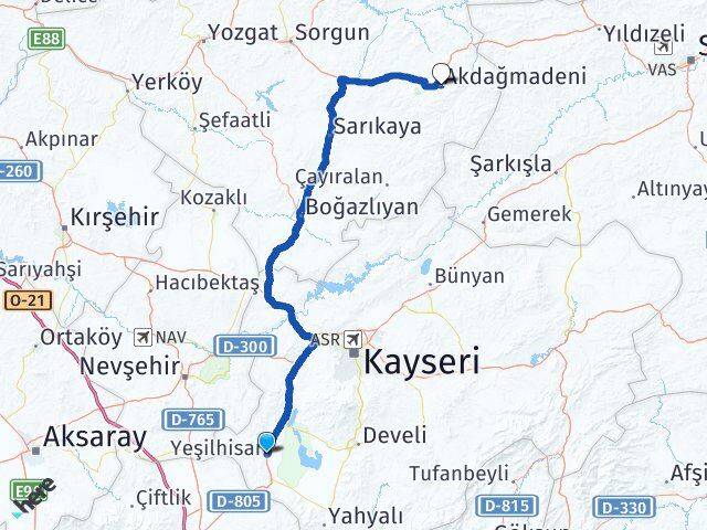 Kayseri Yeşilhisar Akdağmadeni Yozgat Arası Kaç Km - Yol Haritası