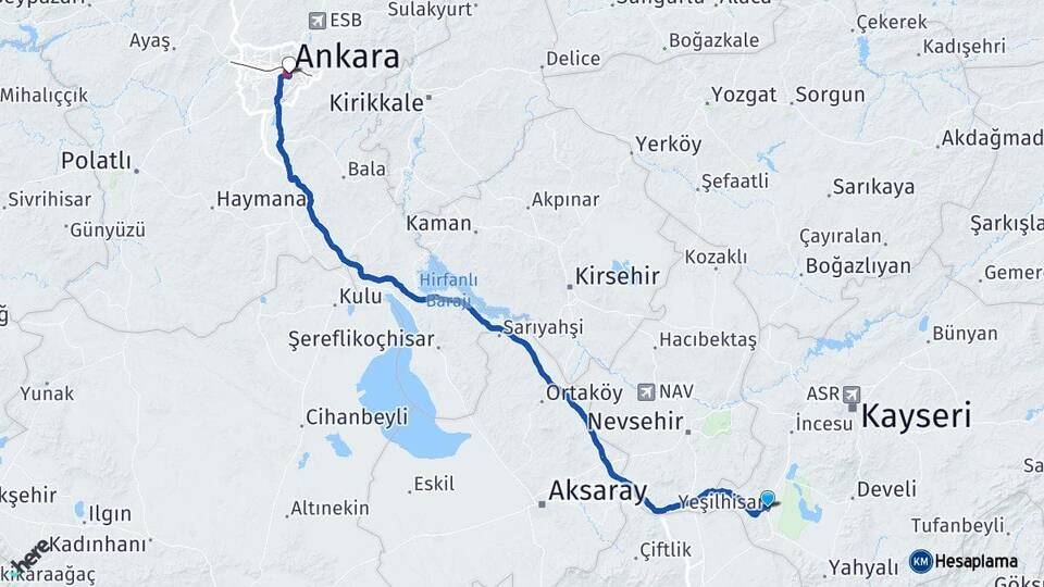 Kayseri Yeşilhisar Ankara Arası Kaç Km - Yol Haritası