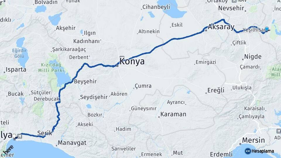 Kayseri Yeşilhisar Antalya Arası Kaç Km - Yol Haritası
