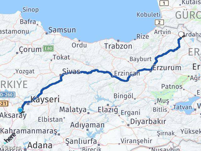 Kayseri Yeşilhisar Ardahan Arası Kaç Km - Yol Haritası