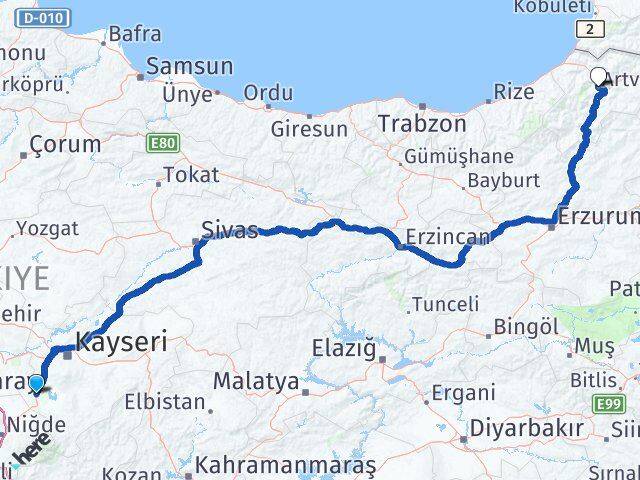 Kayseri Yeşilhisar Artvin Arası Kaç Km - Yol Haritası