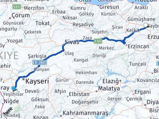 Kayseri Yeşilhisar Bayburt Arası Kaç Km - Yol Haritası