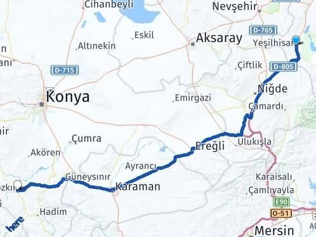 Kayseri Yeşilhisar Bozkır Konya Arası Kaç Km - Yol Haritası