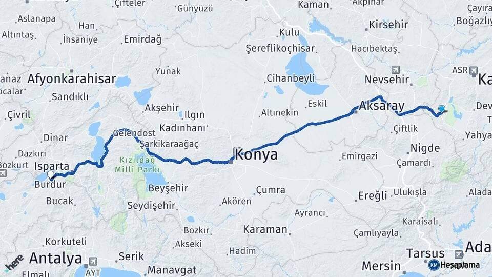 Kayseri Yeşilhisar Burdur Arası Kaç Km - Yol Haritası