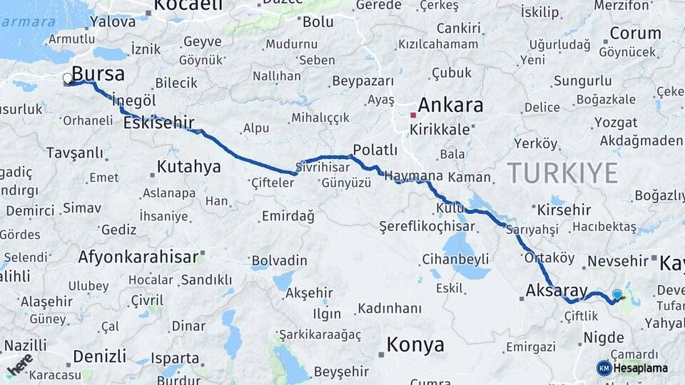 Kayseri Yeşilhisar Bursa Arası Kaç Km - Yol Haritası