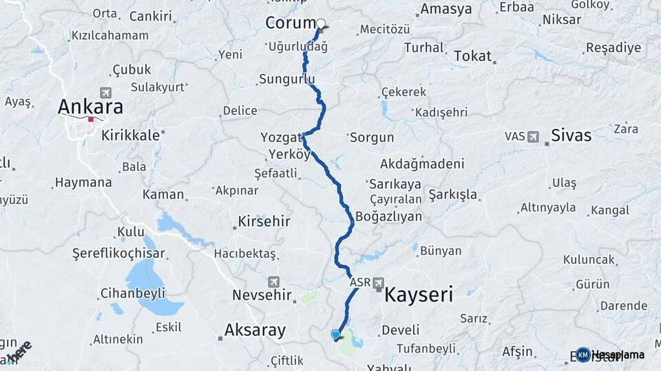 Kayseri Yeşilhisar Çorum Arası Kaç Km - Yol Haritası