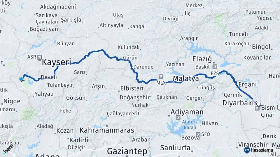 Kayseri Yeşilhisar Diyarbakır Arası Kaç Km - Yol Haritası