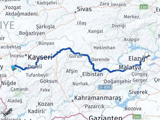 Kayseri Yeşilhisar Elazığ Arası Kaç Km - Yol Haritası