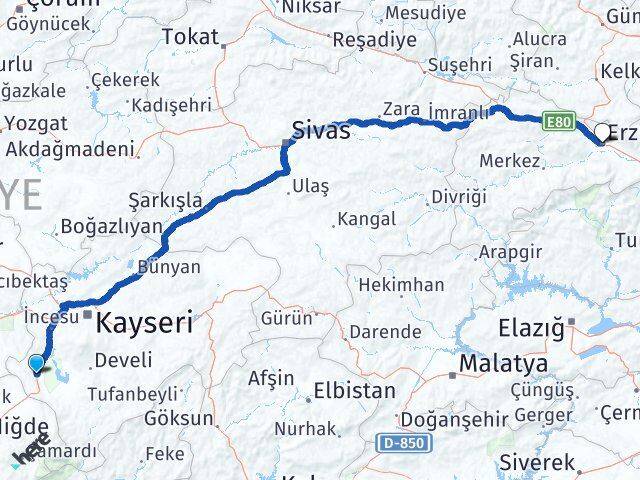 Kayseri Yeşilhisar Erzincan Arası Kaç Km - Yol Haritası