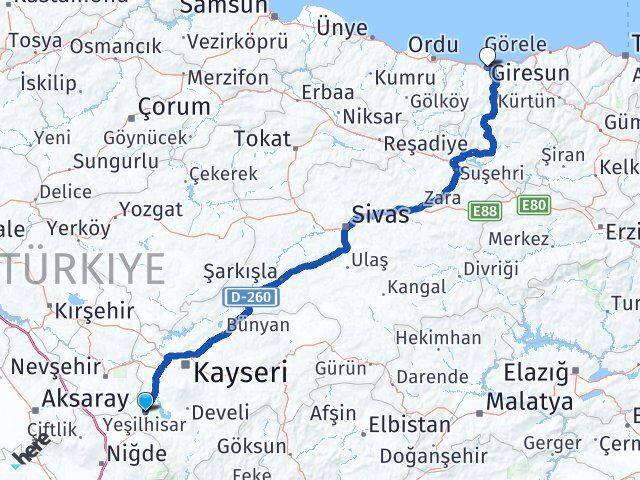 Kayseri Yeşilhisar Giresun Arası Kaç Km - Yol Haritası
