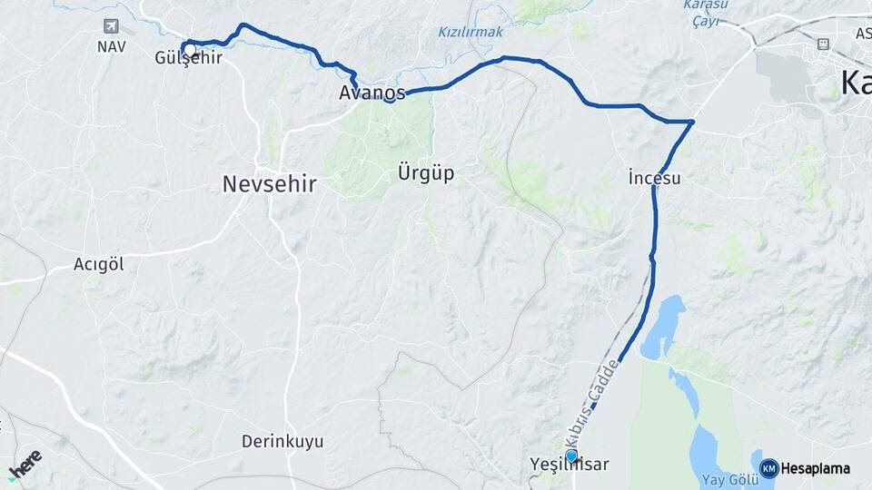 Kayseri Yeşilhisar Gülşehir Nevşehir Arası Kaç Km - Yol Haritası