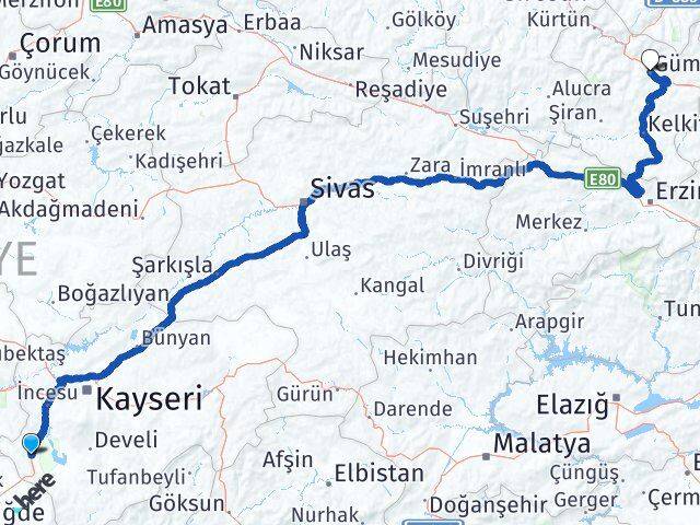 Kayseri Yeşilhisar Gümüşhane Arası Kaç Km - Yol Haritası