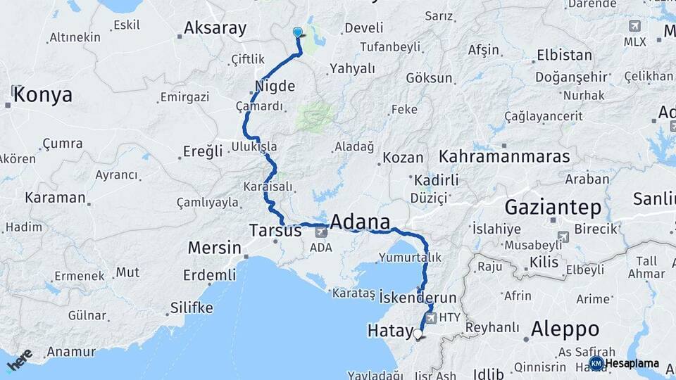 Kayseri Yeşilhisar Hatay Arası Kaç Km - Yol Haritası