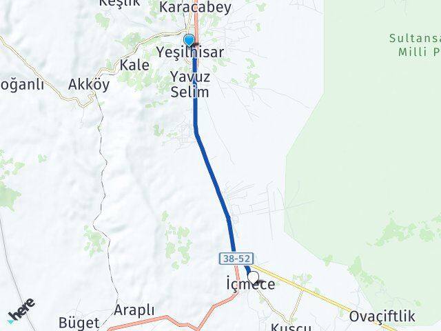 Kayseri Yeşilhisar İçmece Yeşilhisar Arası Kaç Km - Yol Haritası