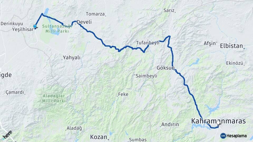 Kayseri Yeşilhisar Kahramanmaraş Arası Kaç Km - Yol Haritası